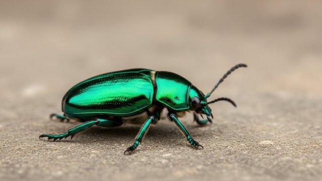 A green beetle with metallic sheen on a gray surface.