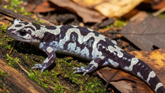 A black and white salamander with spotted patterns on a leafy background.