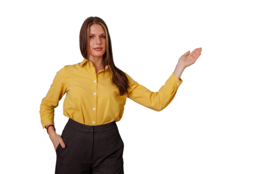 Professional woman presenting, showing, or welcoming with open hand gesture and confident expression on transparent background