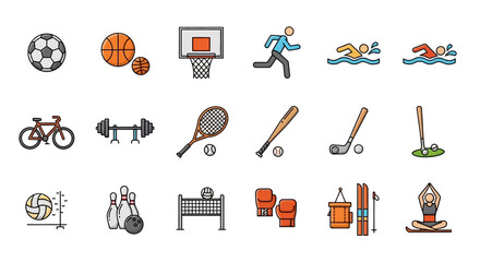 Sports equipment icons depicted in a flat vector style