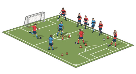 Soccer players train on a green field with cones a goal and lines marking the playing area