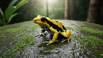 Fototapeta premium A yellow and black spotted frog perched on a mossy rock in a lush, green forest.