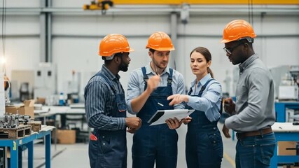 Collaborative engineers discussing project plans in modern industrial workshop