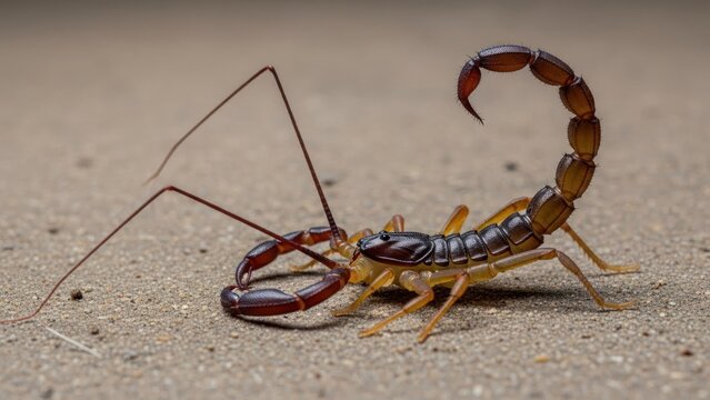A scorpion with its tail curled, facing to the right.