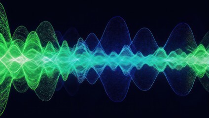 Vibrant green and blue digital audio waveform visualization on a black background.