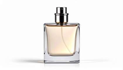 Elegant Glass Perfume Bottle with Golden Liquid and Transparent Cap on White Background