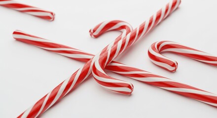 Fototapeta premium 白い背景に鮮やかな赤と白の縞模様が目を引くキャンディケイン複数本がお祝い気分を盛り上げるように無造作に散らばり甘くて楽しい冬のホリデーシーズンを象徴する魅力的なお菓子. AI Generated