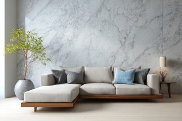Modern sectional sofa with plants and accent pillows in bright room.
