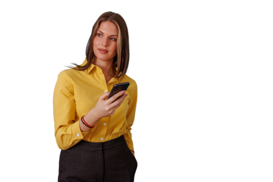 Professional woman using smartphone, standing, making business decisions, looking away with a thoughtful expression, transparent background