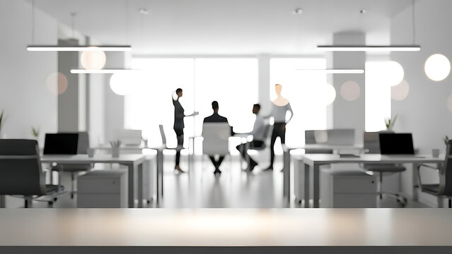 Modern office interior with a blurred background featuring a team collaborating in a contemporary workspace, embodying a dynamic professional environment ideal for business concepts