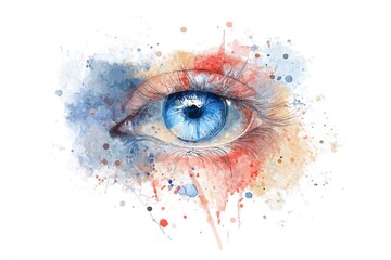 Ultra-detailed blue eye with beige and red watercolor texture, isolated on white, perfect for art prints and cosmetic branding.