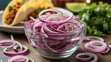 Clear bowl of translucent fuchsia red onion rings slices with a taco and lime in the background on a dark wooden table closeup of fresh raw vegetable food ingredient