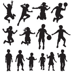 Fototapeta premium Black silhouettes of kids jumping playing running child activity vector art