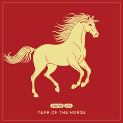 Vibrant Red Background with Majestic Golden Horse for Chinese Zodiac