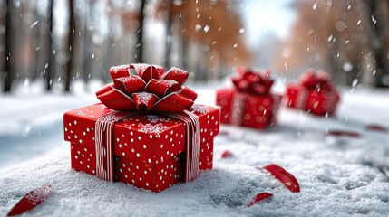 Holiday Gifts: Festive red gift boxes adorned with elegant bows and ribbons nestled in a serene winter wonderland. Perfect for seasonal promotions and capturing the holiday spirit.
