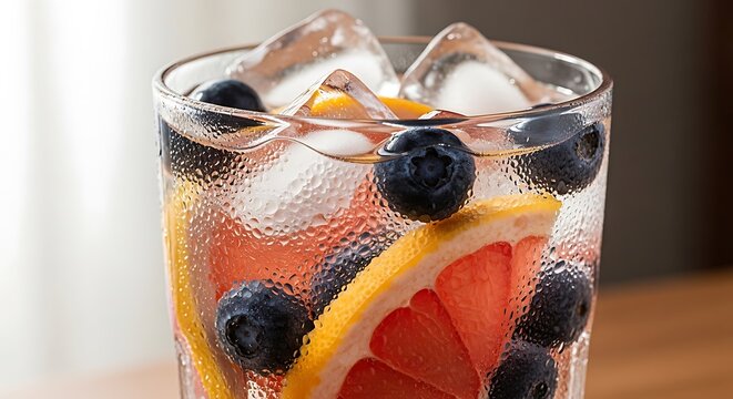 Refreshing Grapefruit Blueberry Infused Water with Ice Cubes. - Powered by Adobe