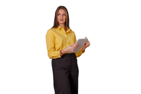 Woman holding a tablet, businesswoman working with technology, standing, smiling, confident on transparent background