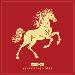 Elegant Golden Horse on Red Background Representing Chinese Zodiac Year