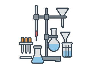 Scientific laboratory apparatus setup with flasks, test tubes, pipette, and funnels on a stand