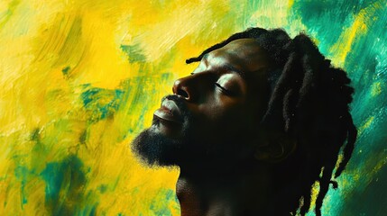 A Jamaican man with dreadlocks and closed eyes against the colors of the Jamaican flag, symbolizing culture, Rastafarian spirit, reggae vibes and peaceful relaxation. Copy space