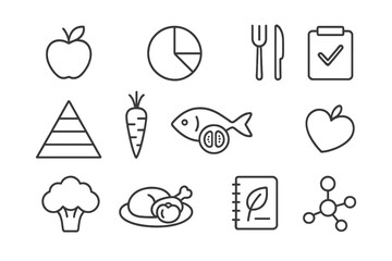 Simple line symbols illustrating healthy food, diet planning, cooking, and nutritional science
