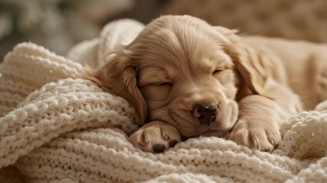 Adorable young canine napping peacefully on soft textile