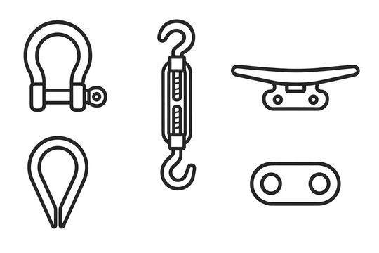Essential marine rigging hardware set including shackle, turnbuckle, cleat, and thimble symbols