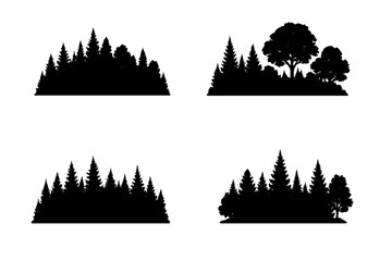 Four distinct black silhouettes of forest landscapes featuring coniferous pine trees and deciduous woodland © Artstock