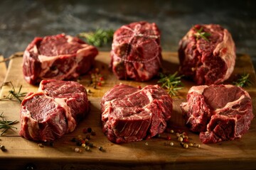 Six raw beef steaks on a wooden board with herbs and peppercorns