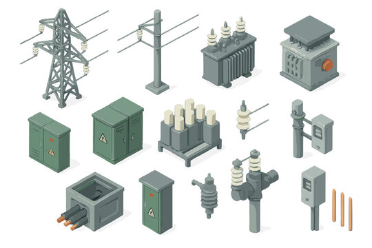 Isometric electrical power grid elements including transmission tower, transformer, and utility boxes