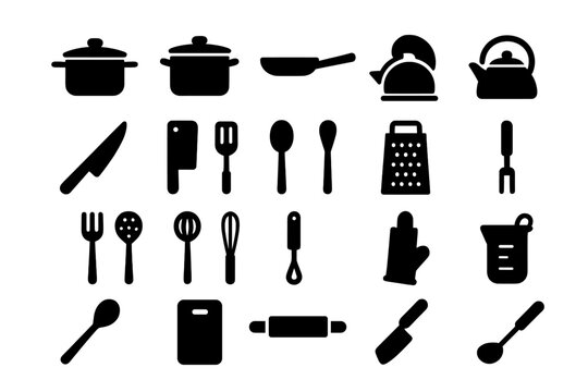 Assortment of essential cooking implements including pots pans knives and whisks