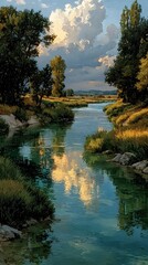 Obraz premium Painterly depiction of a tranquil river winding through a lush landscape beneath a dramatic sky with storm clouds.