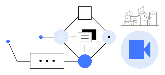 Abstract data flow with nodes and connections, video icon, and city skyline suggesting communication, collaboration, data analysis, project management. Ideal for teamwork, technology, strategy