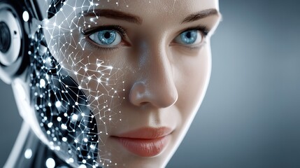 Digital Serenity: A close-up portrait of a highly advanced AI, capturing the essence of technological innovation. Digital connection mesh overlaying the face.