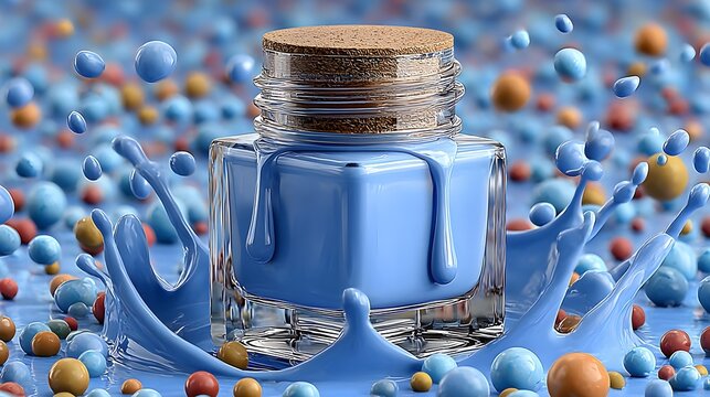 Pastel blue liquid splashing from a glass bottle surrounded by colorful spheres in a surreal composition
