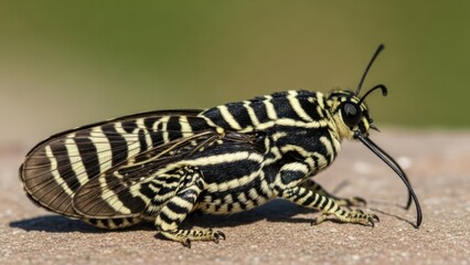 Fototapeta premium A zebra-striped insect with a long, curved beak, possibly a wasp or hornet, on a stone surface with a blurred green background.