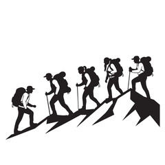 Fototapeta premium Silhouette of hikers climbing a mountain trail with backpacks and trekking poles