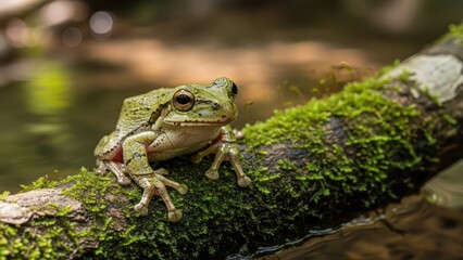 Obraz premium A green frog perched on a moss-covered branch in a forested area.