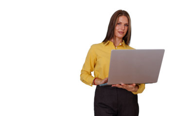 Professional businesswoman managing digital tasks and online communication on laptop, standing with transparent background