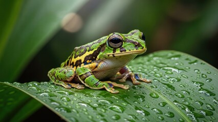 A green frog with yellow spots sits on a leaf with water droplets, surrounded by green leaves and a blurred background.