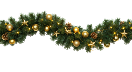 photorealistic christmas garland with deep emerald fir and sparkling gold ornaments, glowing with warm led lights, sharp focus, isolated on white backdrop. concept for luxury holiday advertising