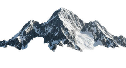 towering, snow-capped jagged granite peaks emerge from low inversion fog, isolated on white. dramatic chiaroscuro studio lighting emphasizes ultra-detailed texture. concept of powerful natural