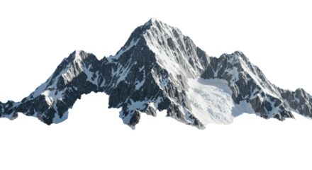 towering, snow-capped jagged granite peaks emerge from low inversion fog, isolated on white. dramatic chiaroscuro studio lighting emphasizes ultra-detailed texture. concept of powerful natural