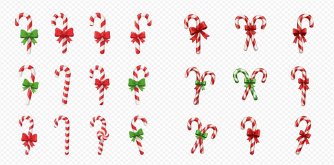 A collection of festive red and white striped candy canes, some adorned with red and green bows, perfect for Christmas and holiday designs.