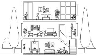 Cross section of a modern three story house interior with furniture and plants vector
