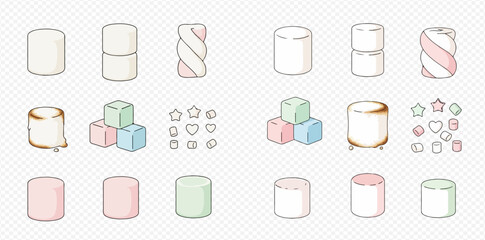 Cute cartoon marshmallows in various shapes and pastel colors, including cylinders, cubes, stars, and hearts.