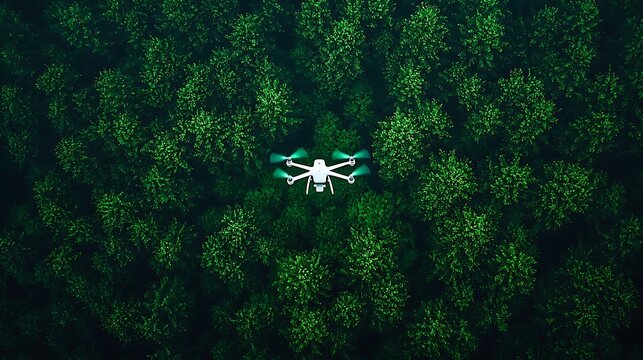 White drone with glowing propellers flying over dense green forest, aerial view of technology and nature.