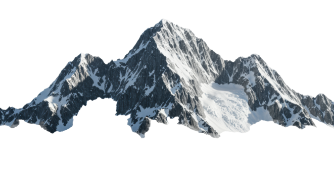 towering, snow-capped jagged granite peaks emerge from low inversion fog, isolated on white. dramatic chiaroscuro studio lighting emphasizes ultra-detailed texture. concept of powerful natural