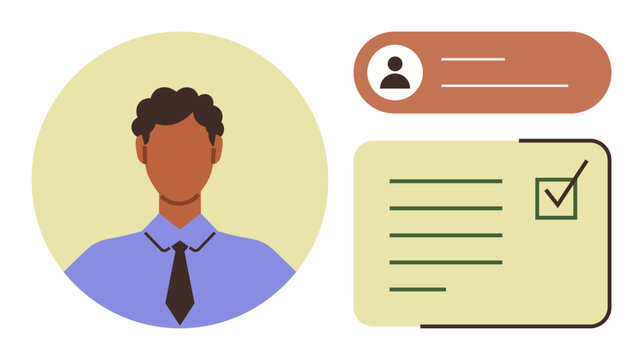 Business professional avatar with a profile card displaying user details and a checklist. Ideal for recruitment, HR management, online profiles, workflow, organization, task tracking, corporate