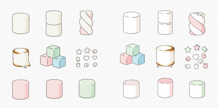 Cute cartoon marshmallows in various shapes and pastel colors, including cylinders, cubes, stars, and hearts.
